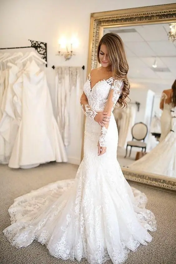 Alexzendra Elegant Mermaid Lace Wedding Dress 2019 Long Sleeves V Neck Bridal Dresses Plus Size Custom Made | Свадьбы и торжества