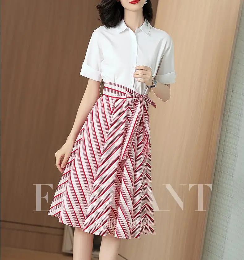 

White shirt dress fake two new 2019 summer style striped skirt long