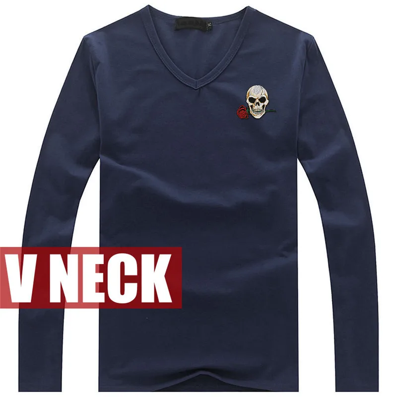 QZXZSM Fashion Autumn New Rose Skull Embroidery Cotton T-shirts Men's Long Sleeve V-neck Casual T-shirt Мужская одежда