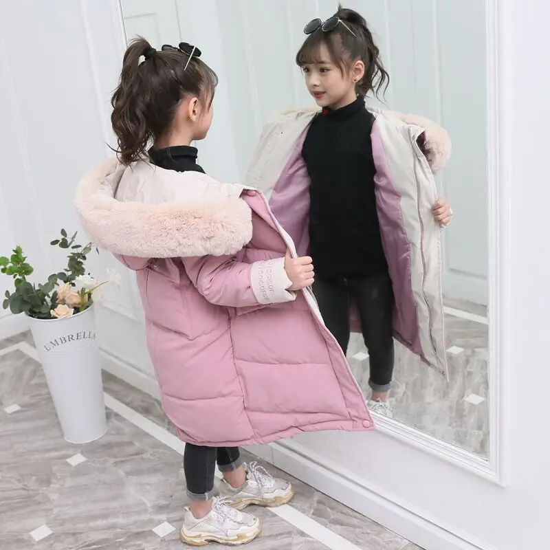 Pink Г. Модная детская зимняя хлопковая куртка-пуховик Одежда для девочек детская одежда теплая Толстая парка длинные пальто с капюшоном и меховым воротником От 3 до 14 лет - Цвет: Pink