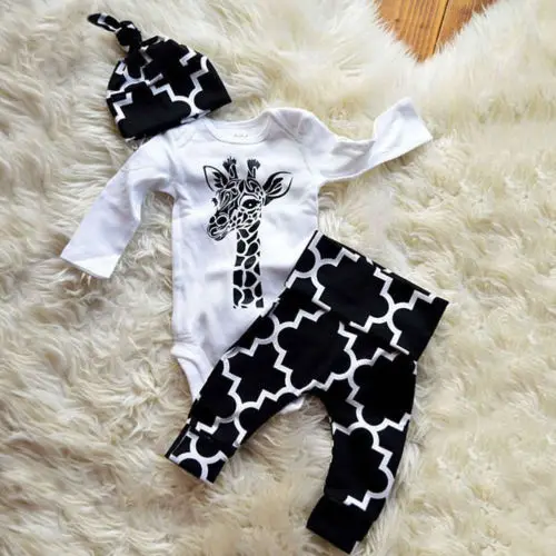 Pudcoco 2018 Newborn Infant Baby Boy Clothes Set Giraffe Bodysuit+Long Trousers Pants+Hats 3pcs Gentleman Outfit Autumn 0-18M |