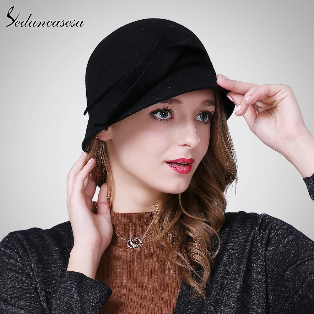 Sedancasesa, новинка, Осень-зима, шапка, женская, Англия, шерсть, войлок, шапка, Ретро стиль, Клош, шапки,, теплые, Панама, шапки для женщин, FW209001