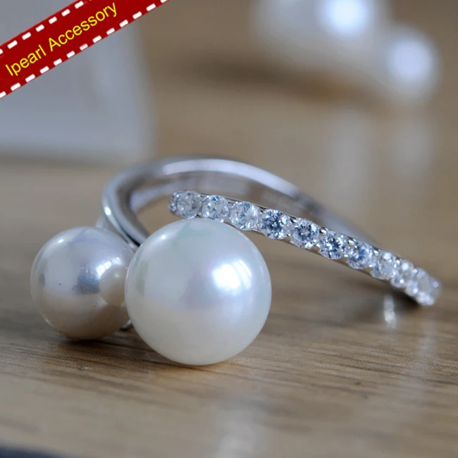 Женское серебряное кольцо с двойным жемчугом регулируемый размер | Украшения и