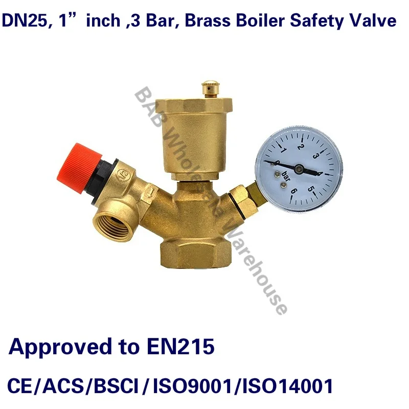 DN25 1” inch 3 Bar Brass Boiler Safety Group Set Complete Pressure Relief Valve Air Vent Safety Valve With Pressure Gauge