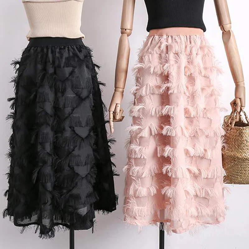 Элегантные весенние Многоуровневое кистями однотонное длинные юбки модные