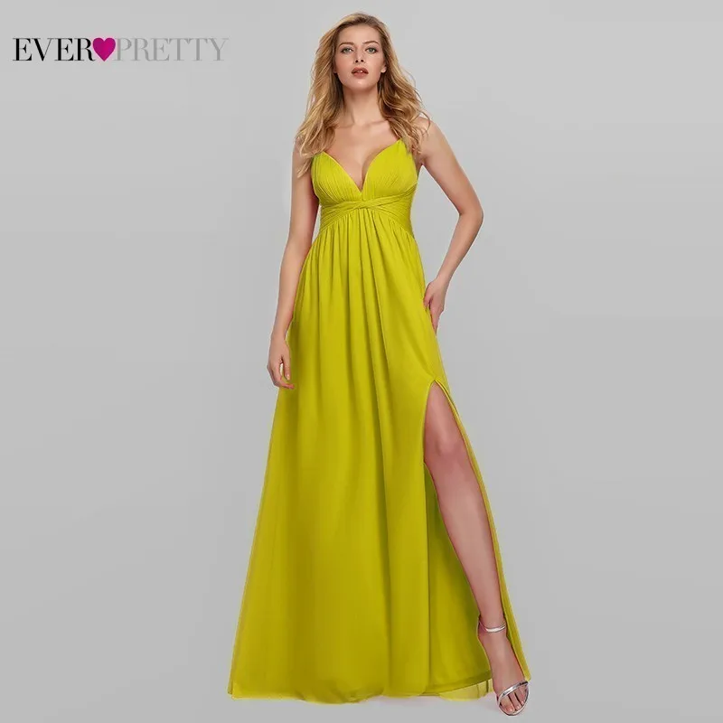 Ярко-розовые платья подружки невесты Ever Pretty A-Line с v-образным вырезом без рукавов Длинные платья для свадебной вечеринки для женщин Vestido Madrinha - Цвет: Yellow