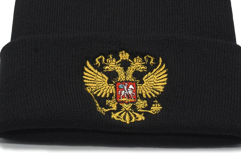 Новинка, русская зимняя шапка для мужчин и женщин, теплые герб России вязанные шапочки Skullies Beanies, черная унисекс зимняя повседневная маска, вязаная шапка