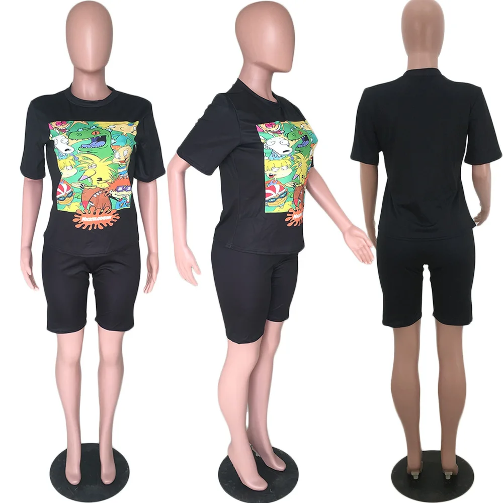 Спандекс Bangtan мультфильм женщин s двух частей SetsBodycon короткий комплект из 2 предметов летний женский спортивный костюм наряд женский костюм