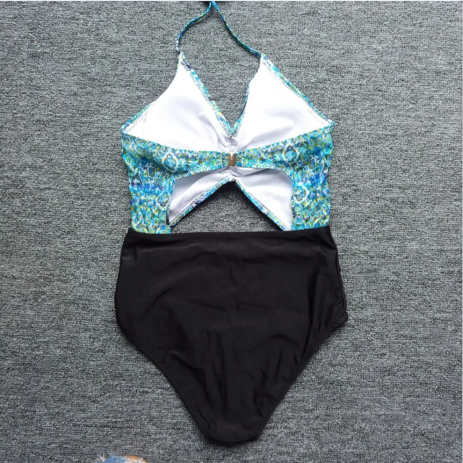 Sexy Women Hollow Cut Out Bodysuit Swimwear Bathing Suit High Waist Monokini Jumpsuit Print Beachwear Halter Neck Swimming | Спорт и