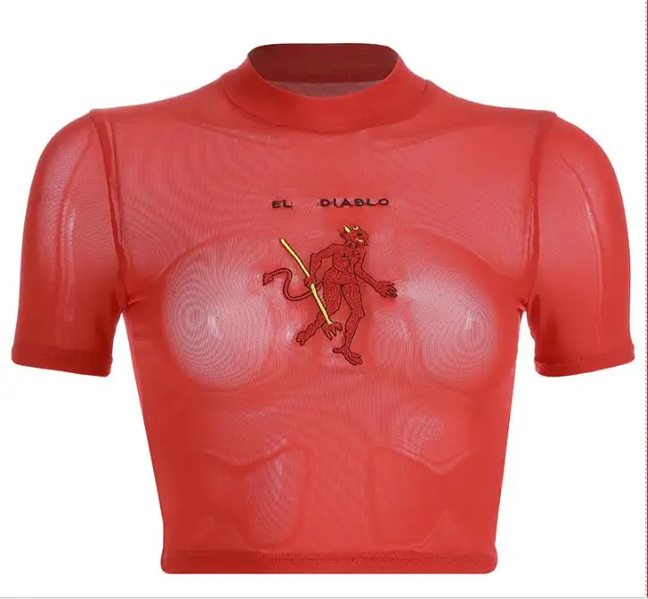 Sexy Women Red Devil Pattern T-Shirts Transparent Mesh Sheer See Through Skinny O-Neck Crop Top T-Shirt 2019 Summer New | Женская одежда