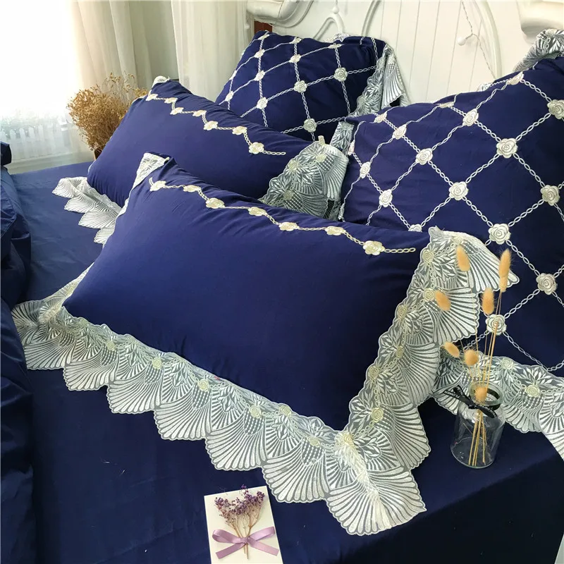 

Deep Blue 100% Cotton Luxury Lace Silky Bedding Set Queen King size Bed set Duvet Cover Bed Sheet set Pillowcases Bed Linen 40