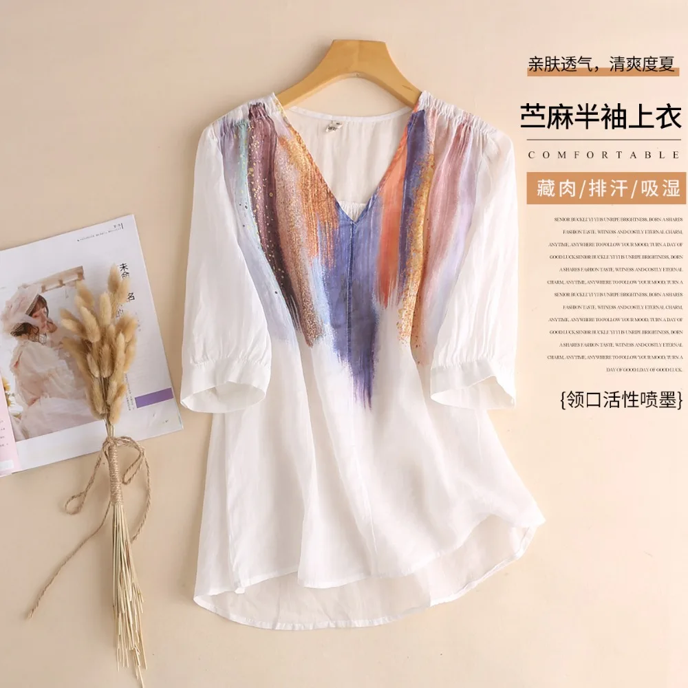 Льняные топы женская льняная Свободная рубашка с рукавами пятью точками на лето