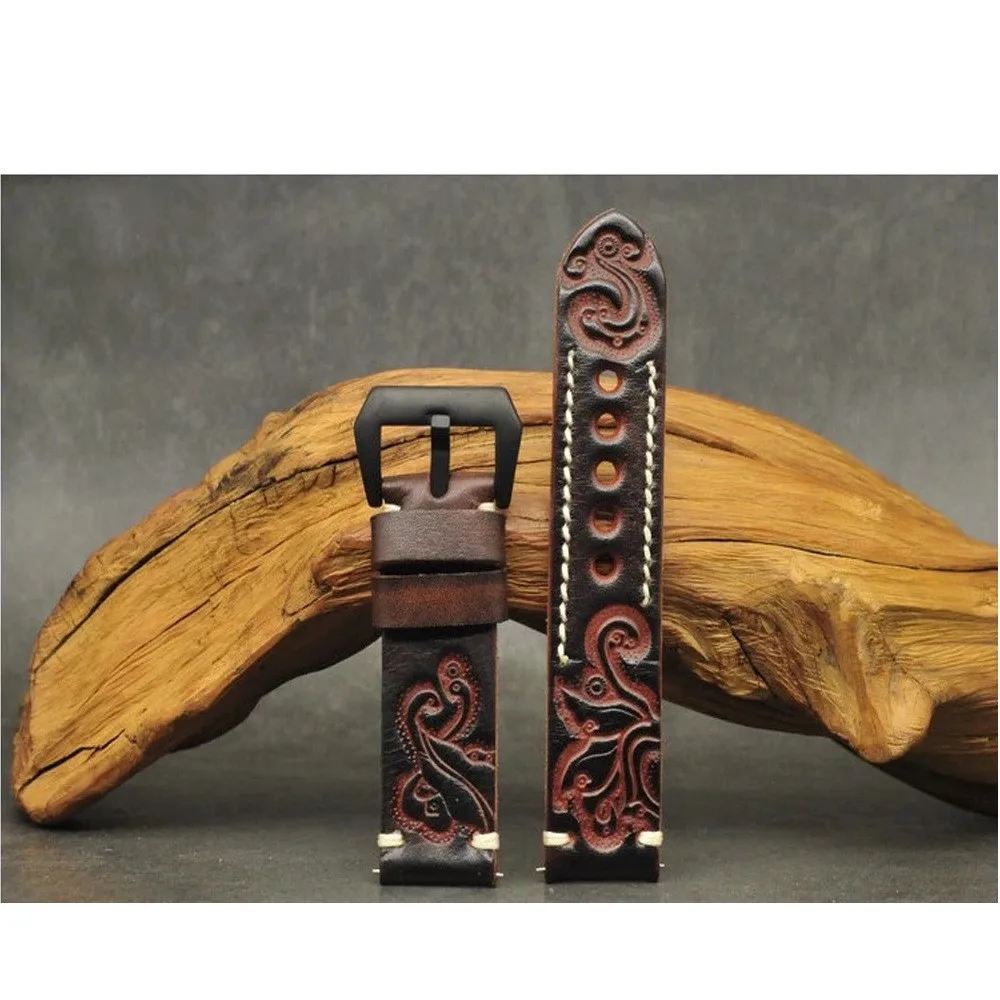 Hand-stitched Genuine Leather Watch strap Carved Embossed Watch Bands Belt with Stainless Steel Black Buckle 20mm 22mm 24mm