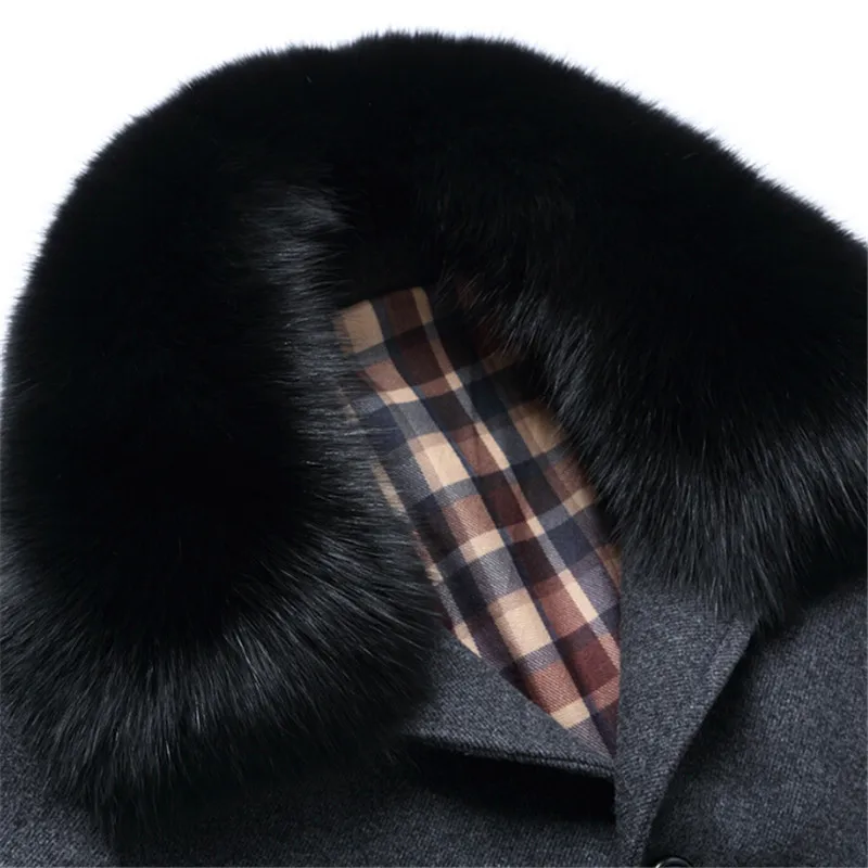 2018 autumn winter men's fashion cotton and thickening coats high-end leisure fox fur collar pure color in the long wool coat | Мужская