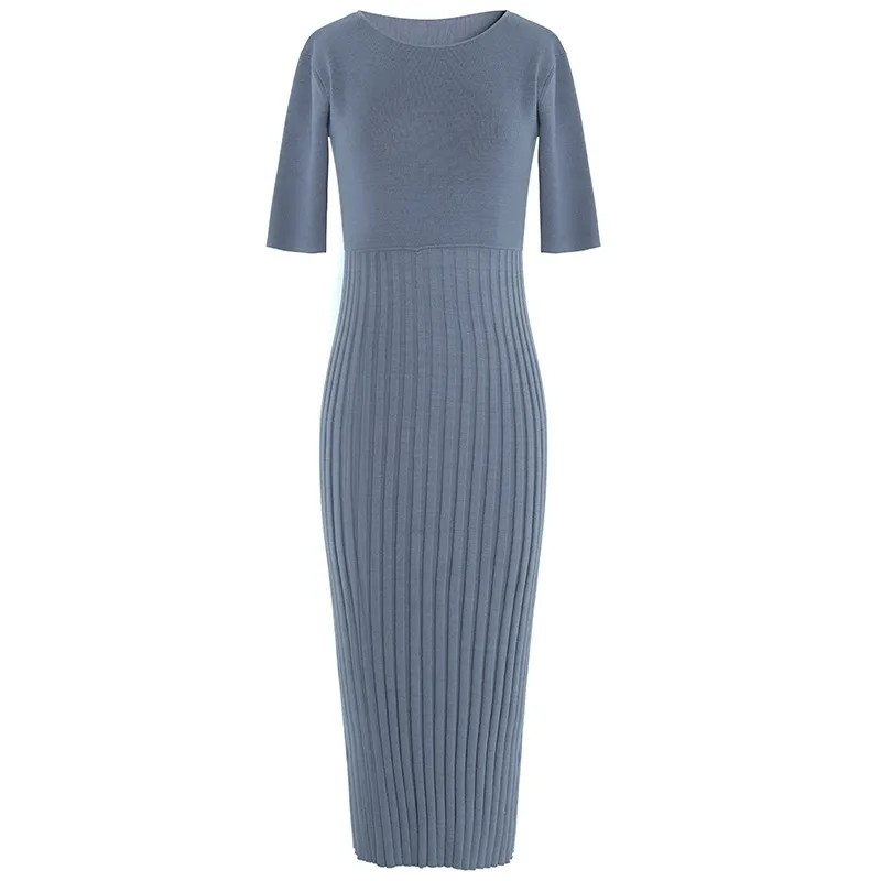 Slim Femme Fashion O-Neck Knit Pleated Dress 2018 Spring Autumn Sweater StreetWear Ladies Office Solid Color Long | Женская одежда