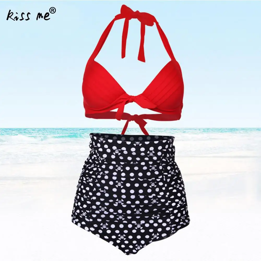 В горошек бикини на шнуровке 2018 женский купальный костюм Красный Холтер летний