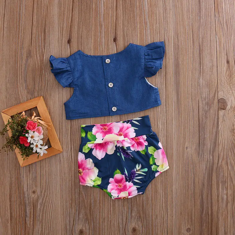 2017 г. комплект летней милой одежды для маленьких девочек топ из джинсовой ткани с