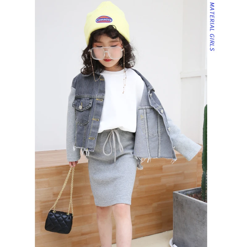 Костюм для девочек новинка весны 2019 джинсовая куртка с вышивкой юбкой Детские