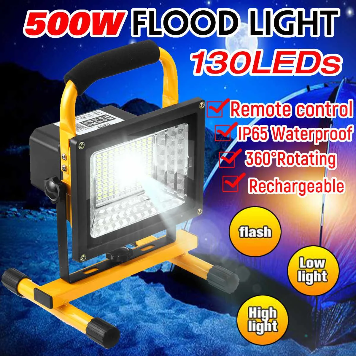 500W 130 LED Rechargeable Floodlight Waterproof Spot Work Camping Outdoor Handheld Work Lights Power By 18650 Portable Lantern