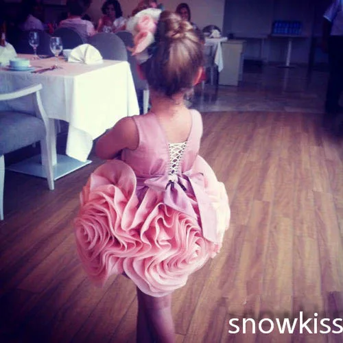 Champagne/pink short ball gowns beautiful flowers satin ruched flower girls dresses nice birthday party gown for wedding | Детская