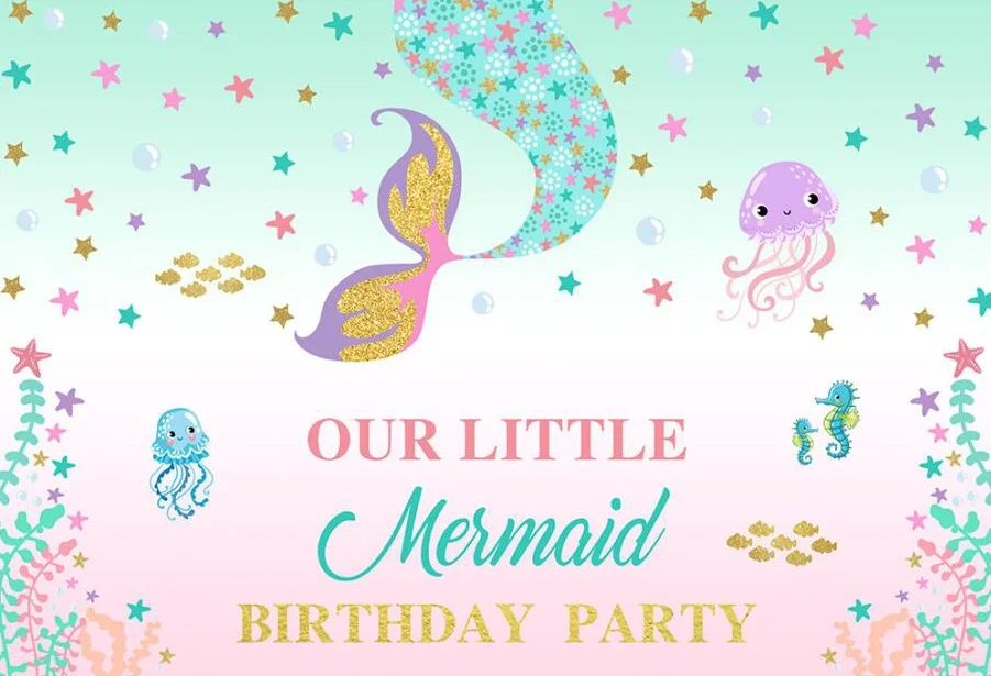 

7x5FT Little Mermaid Birthday Party Gold Turquoise Pink Aquarium Custom Photo Studio Backdrop Background Vinyl 220cm X 150cm