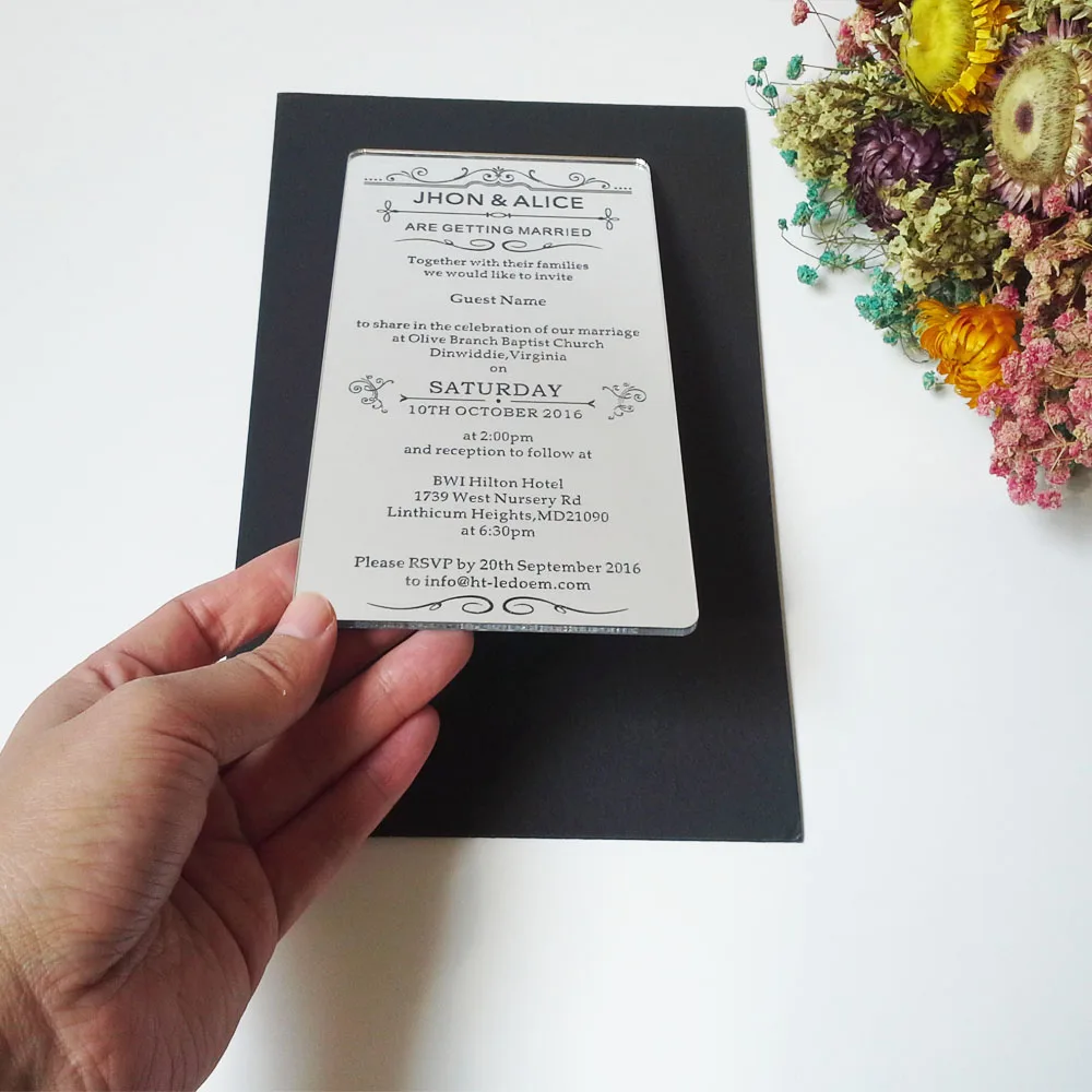 

Customized 100*180mm laser engraved letters silver mirror acrylic wedding invitation card (1lot=100pcs)