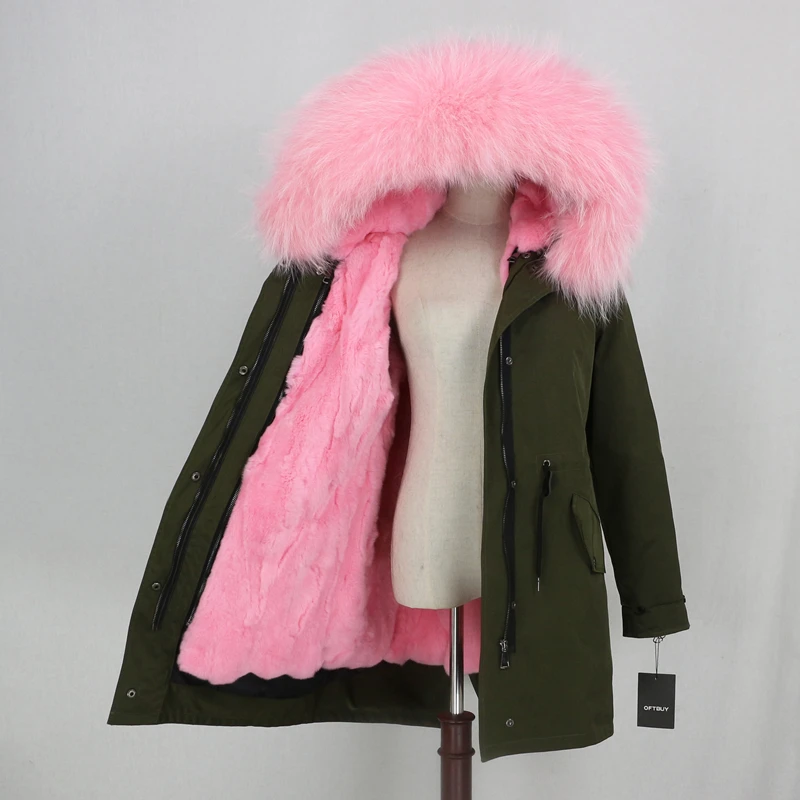 green pure pink Водонепроницаемая длинная парка от OFTBUY, пальто с натуральным мехом, зимняя женская куртка, воротник из натурального меха енота, подкладка из натурального кроличьего меха, съемная теплая - Цвет: green pure pink