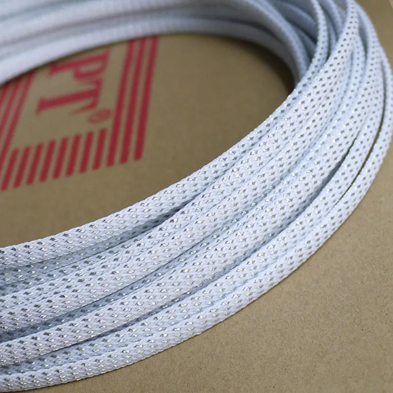 

1/5/20/50/200 Meters White &Silver High quality 6mm Braid PET Expandable Sleeving High Density Sheathing Plaited Cable Sleeves
