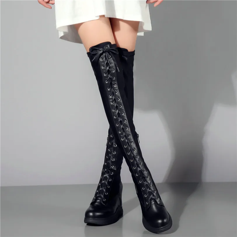 Thigh High Boots Women Genuine Leather Lace Up Knee High Booties Wedges High Heel Tall Shaft Punk Sneakers Winter Punk Creepers