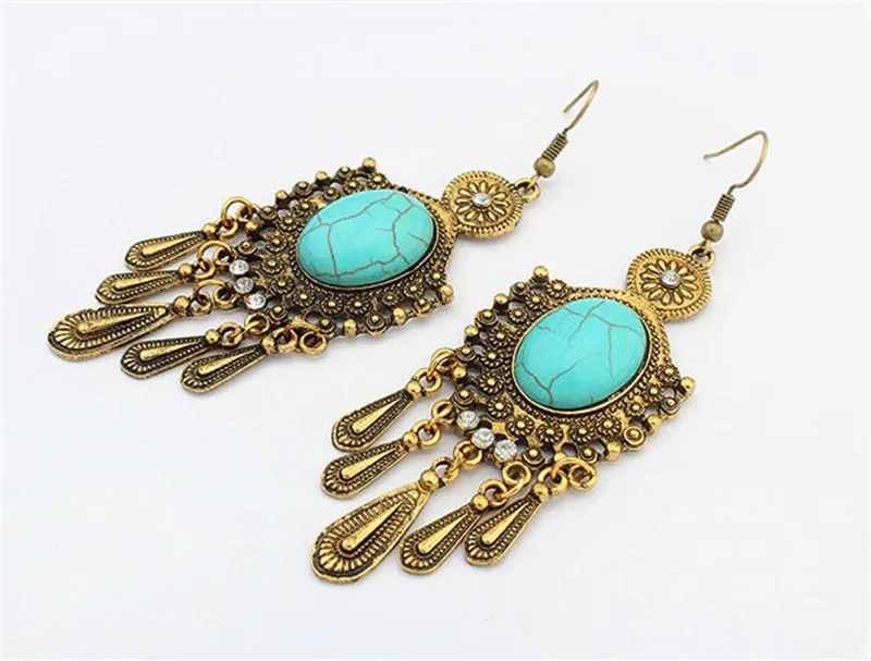 Women boho marble rhinestone beaded dangle set ethnic bohemian blue stone drop earrings tribal tassel jewelry antique gold gifts | Украшения