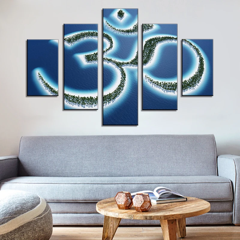 Слог Aum картины Buddism символ искусства Giclee 5 панель индический текст настенная
