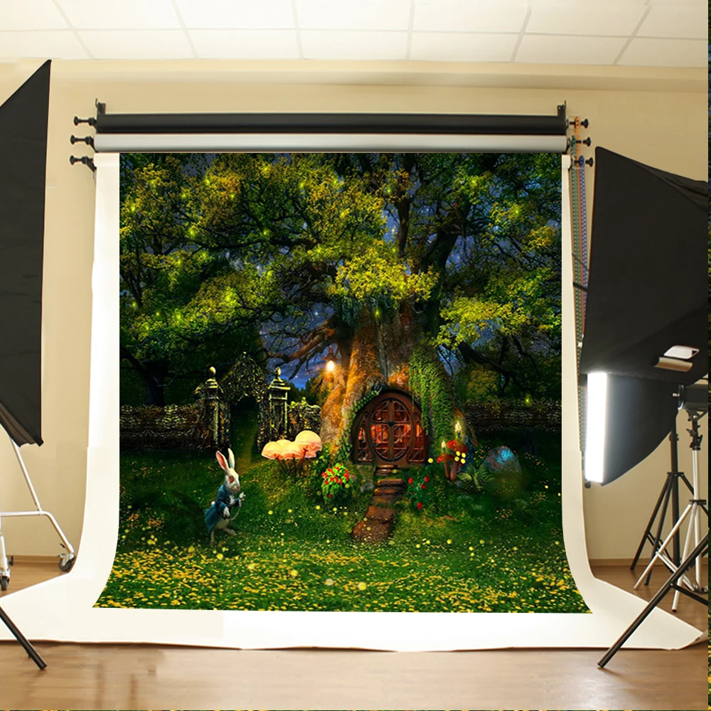 5ftx7ft зеленый лес фон для фотосъемки Алиса в стране чудес мультфильм с домом на