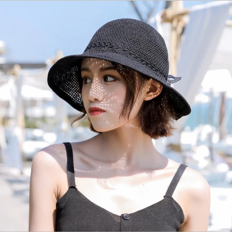 

Spring Summer Bucket Hat Elegant Women Hollow Foldable Fisherman Hats For Women Lady knit Bow Travel Sun Hat Girls Gift Female
