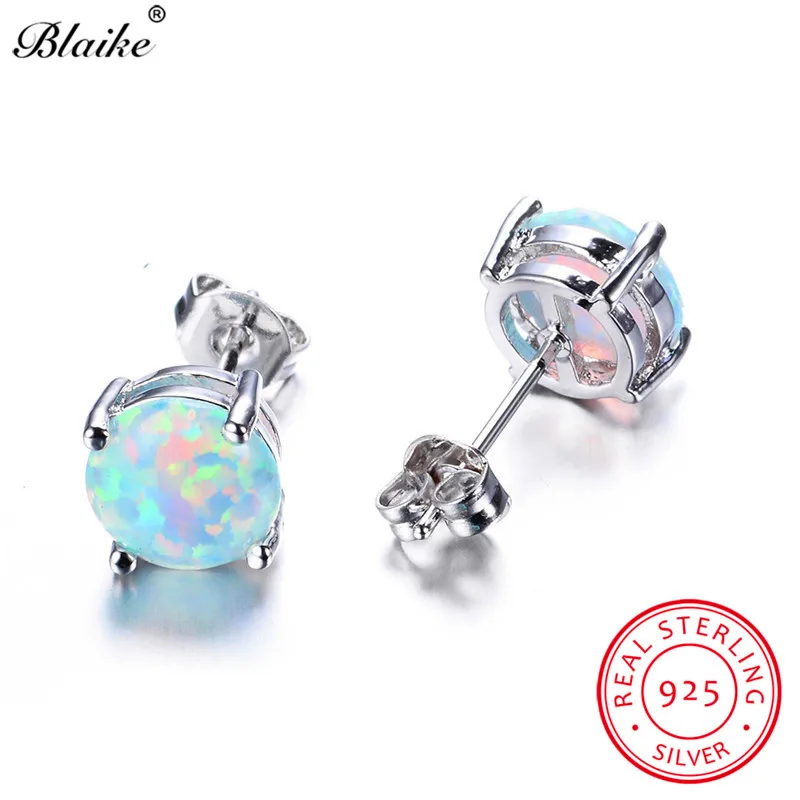 Blaike,, 925 пробы, серебряные, белые, огненный опал, серьги-гвоздики для женщин, хорошее ювелирное изделие, 8 мм, круглые серьги-гвоздики с драгоценными камнями, серьги с камнем рождения - Цвет камня: 8MM