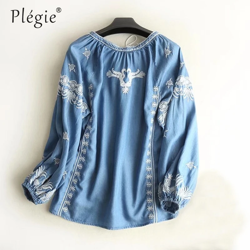 Plegie с вышивкой и бахромой джинсовые Блузы Mujer De Moda 2020 на шнуровке v-образным