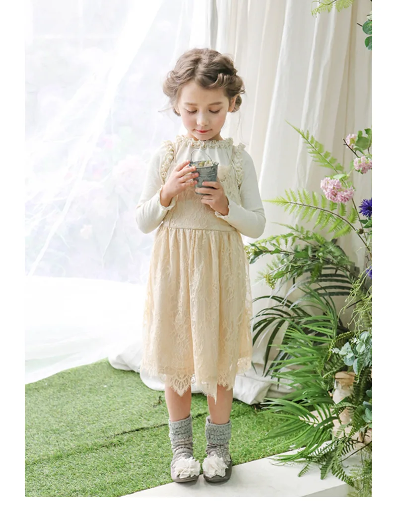 Весна Осень платье на петельках для девочек Новое кружевное с длинным рукавом