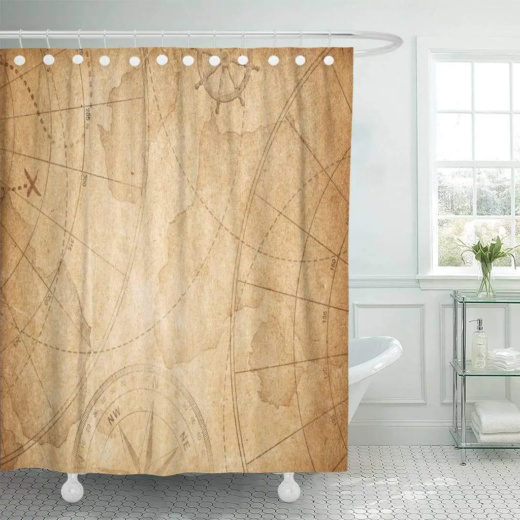 Занавеска для душа коричневая винтажная пожилых пиратов Карта сокровищ древние