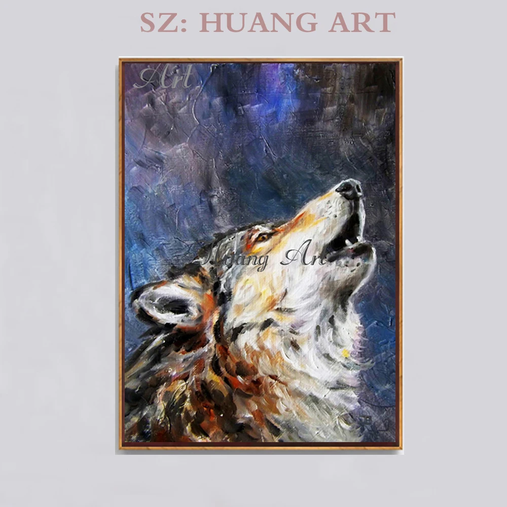 Ручная роспись маслом волка воет ночь животное впечатление Современные Простые