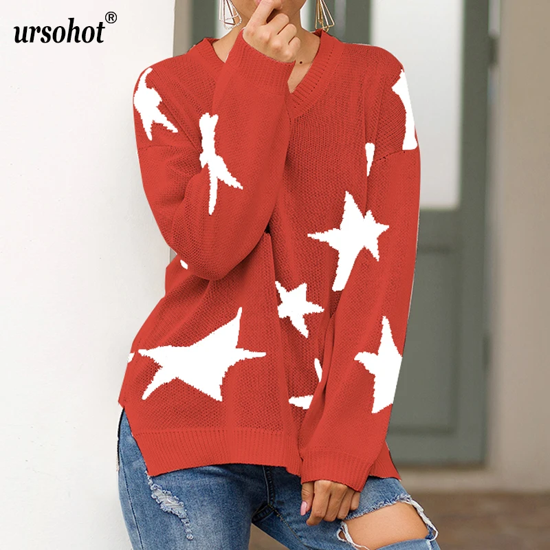 Ursohot 3 Colors Loose Vintage Women Autumn Winter Split Side Jumper Knitted Warm Lazy Style Sweaters Femme Star Print Женская одежда