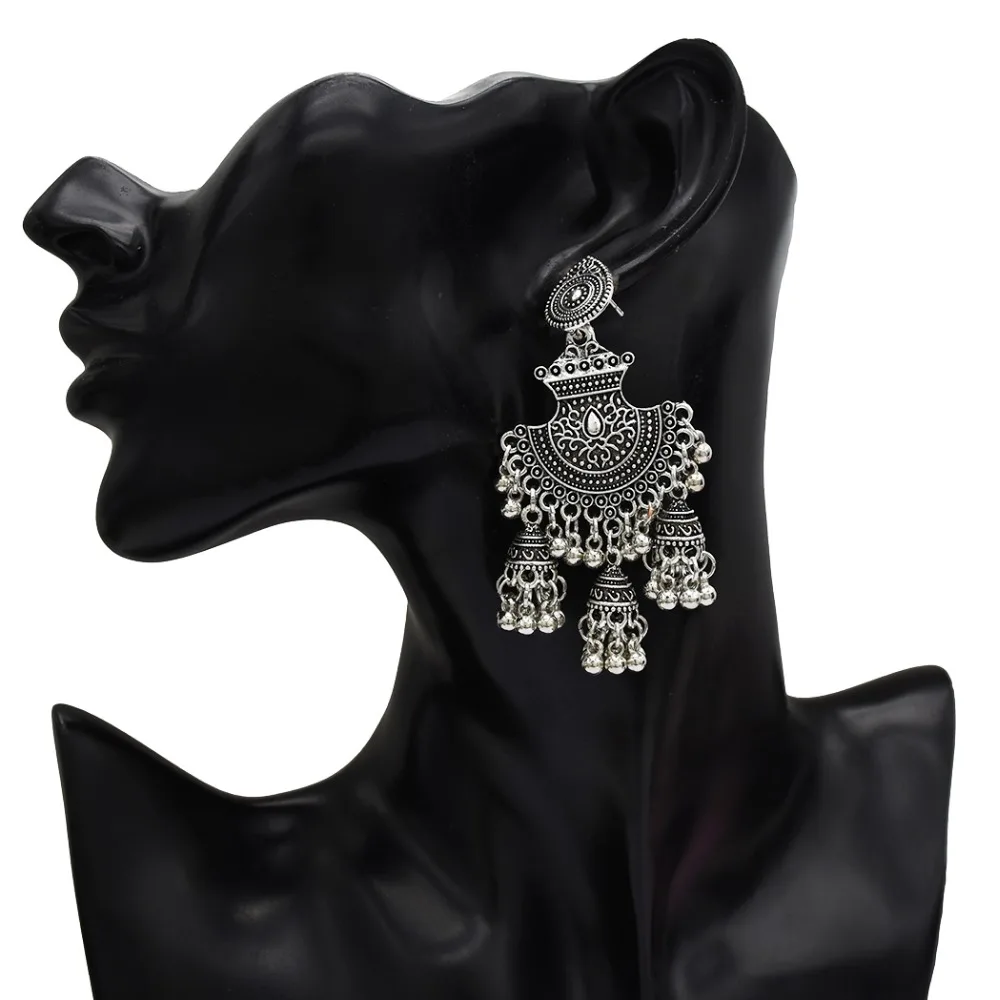 Индийские серьги для женщин окисленные большие длинные подвески Jhumka с