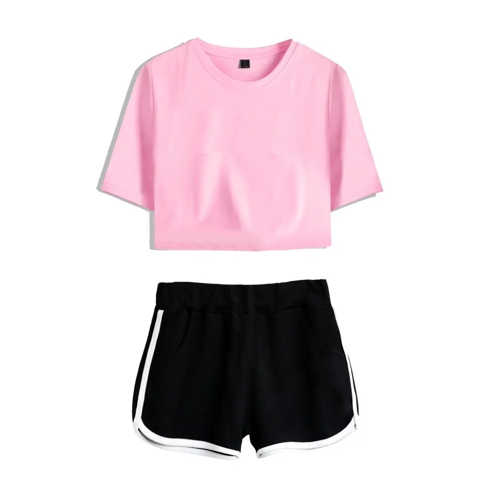pink1 Solid color Дропшиппинг DIY Пользовательский логотип комплект из двух предметов женский хлопковый укороченный топ и шорты Kpop сексуальный пупок укороченная футболка костюм Лето - Цвет: pink1 Solid color