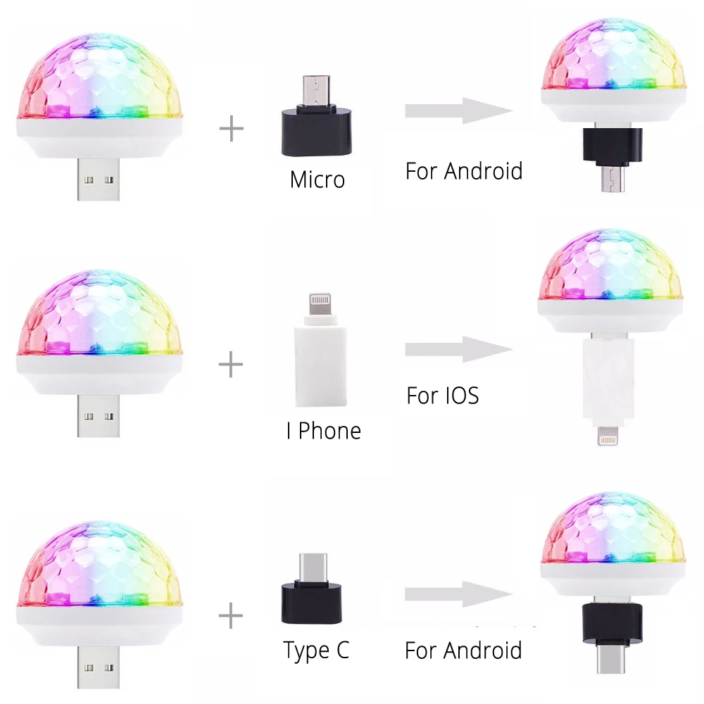 USB мини 5 в диско шар светильник сценический эффект DJ вечерние праздничные светильник ing Рождественский проектор+ Micro type C Android I Phone разъем