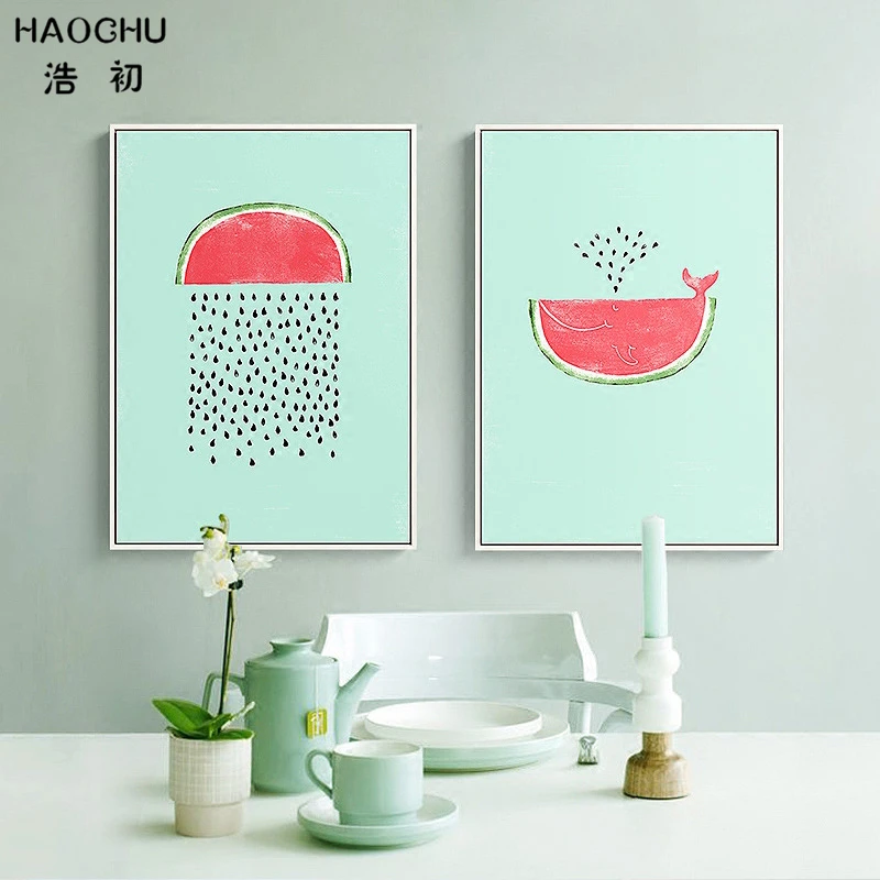 HAOCHU акварель японский мультфильм Фрукты Арбуз Кит Холст Картина плакат