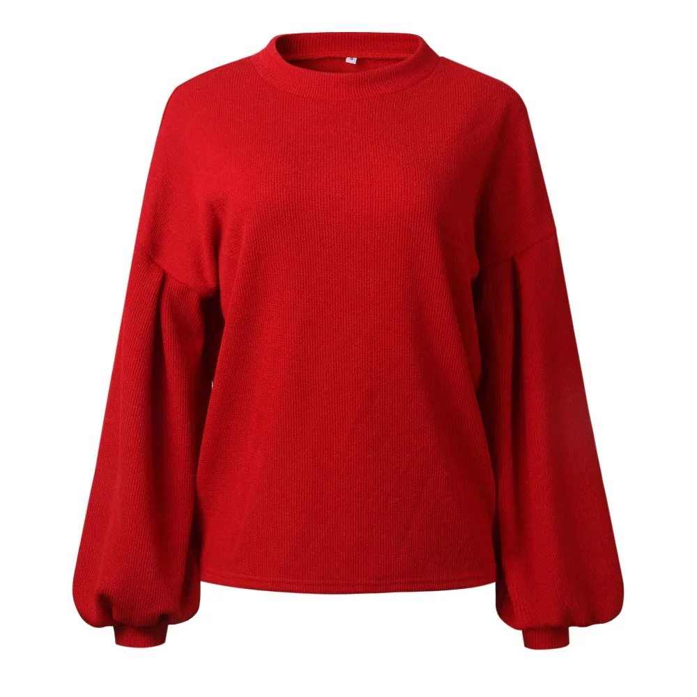 Erregina Women's Loose Long Lantern Sleeve Round Neck Fashion Pullover Autumn Winter Knitted Solid Sweater Tops Ladies | Женская