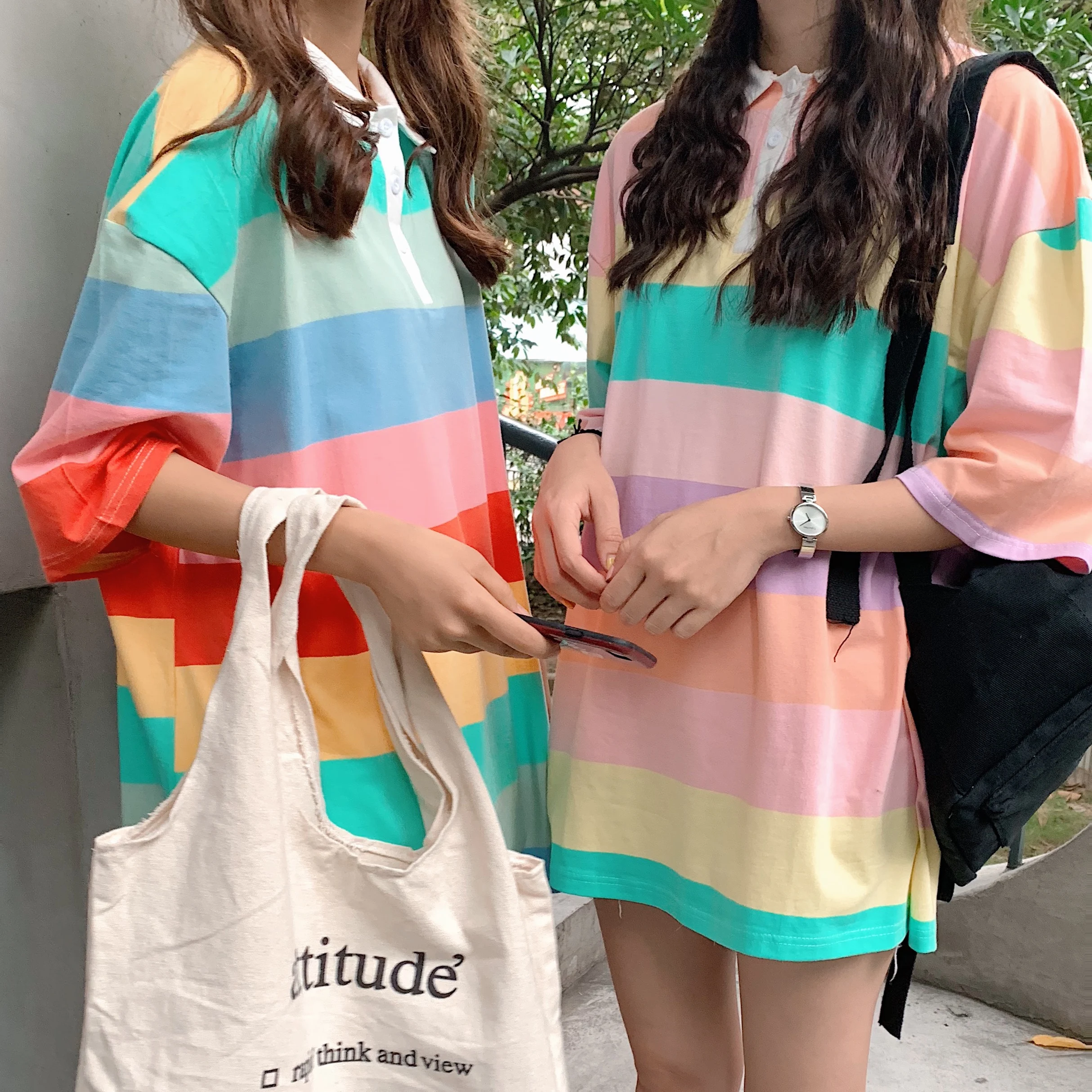 Радужная полосатая свободная футболка с коротким рукавом женские футболки