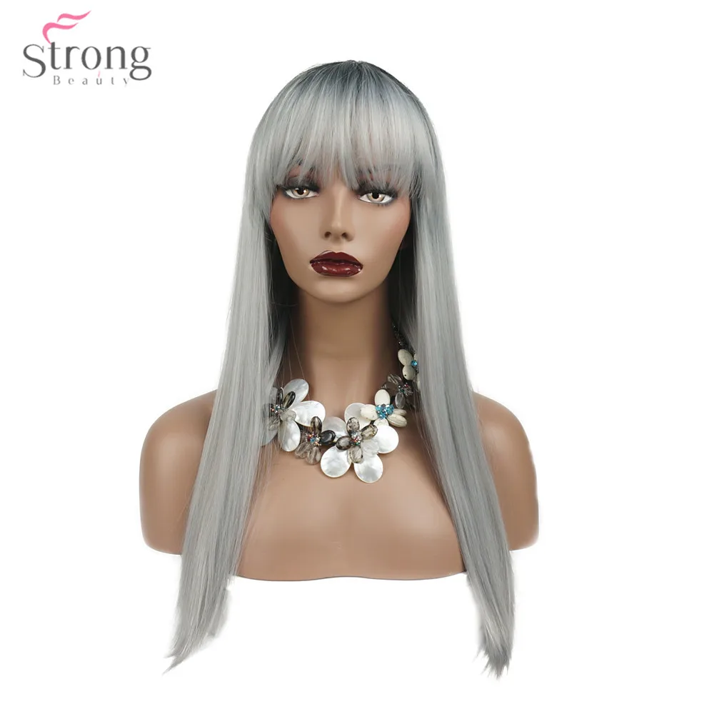 StrongBeauty Женские синтетические парики Омбре серебристо-серые/светлые волосы длинные прямые Аккуратные взрыва стиль Natura парики