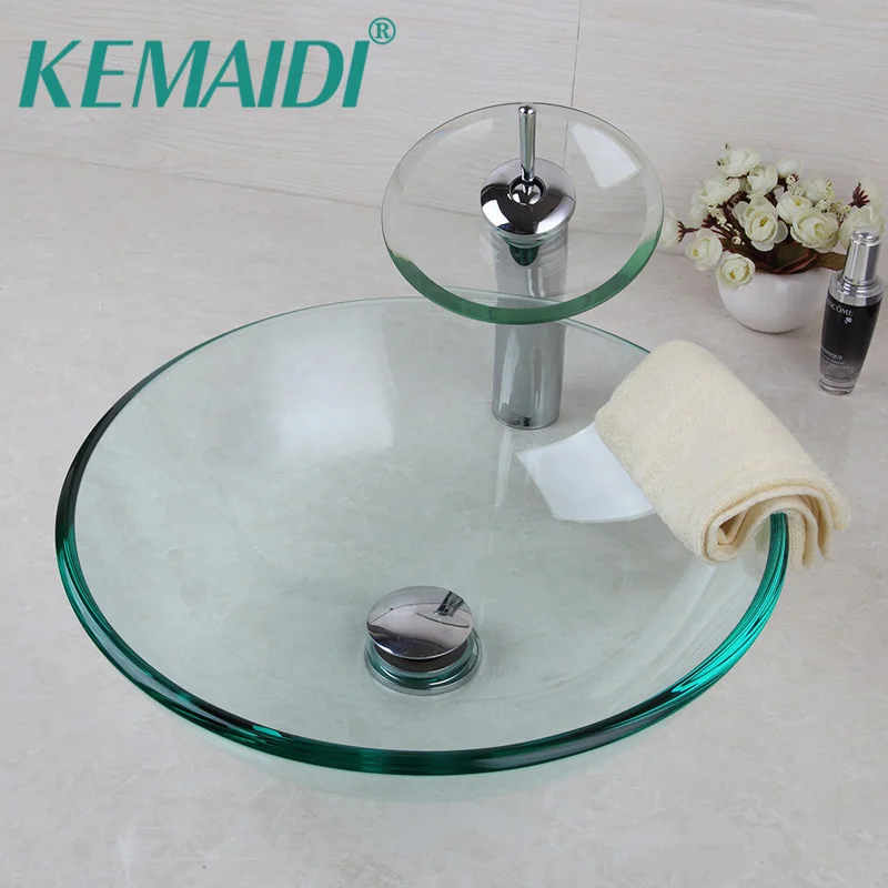 

KEMAIDI UK Round Transparent Washroom Basin Vessel Vanity Sink Bathroom Mixer Tempered Glass Washbasin Faucet Set w/ Drain