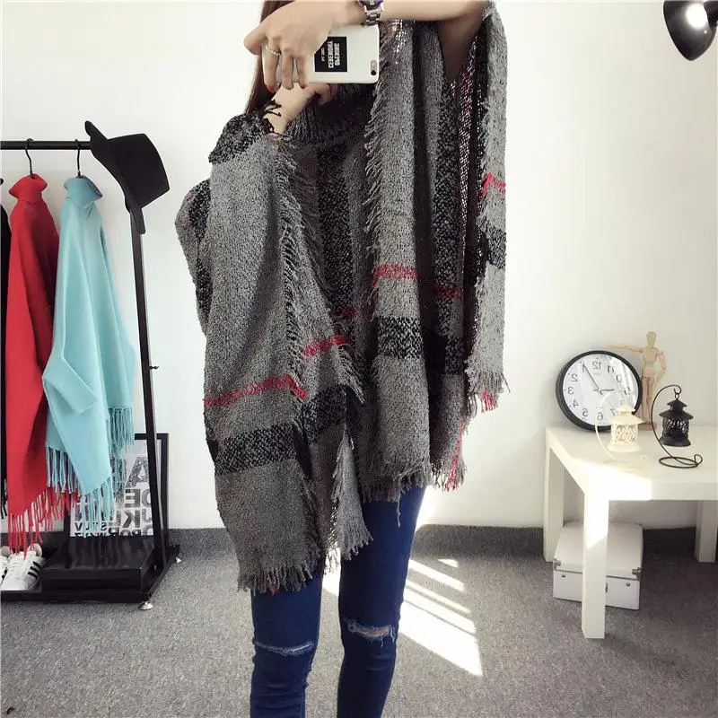 Yiwa Women High-necked Plaid Sweater Loose Bat Design Sleeve Knit Fringed Cape Jacket super soft wool fall and winter | Женская одежда