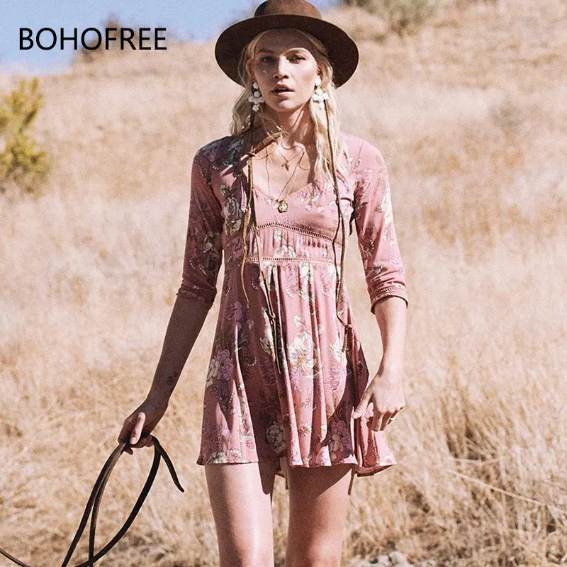 BOHOFREE ROSA 90S платье в цыганском стиле для женщин с цветочным принтом мини Vestidos Femme