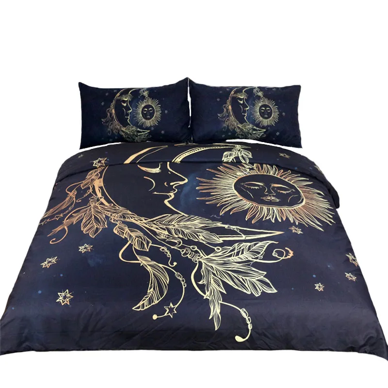 3Pcs/Set Golden Sun and Moon Black Comforter Bedding Set Twin Full Queen King Galaxy Bohemian Bedclothes 3d Duvet Cover Sheets | Дом и сад